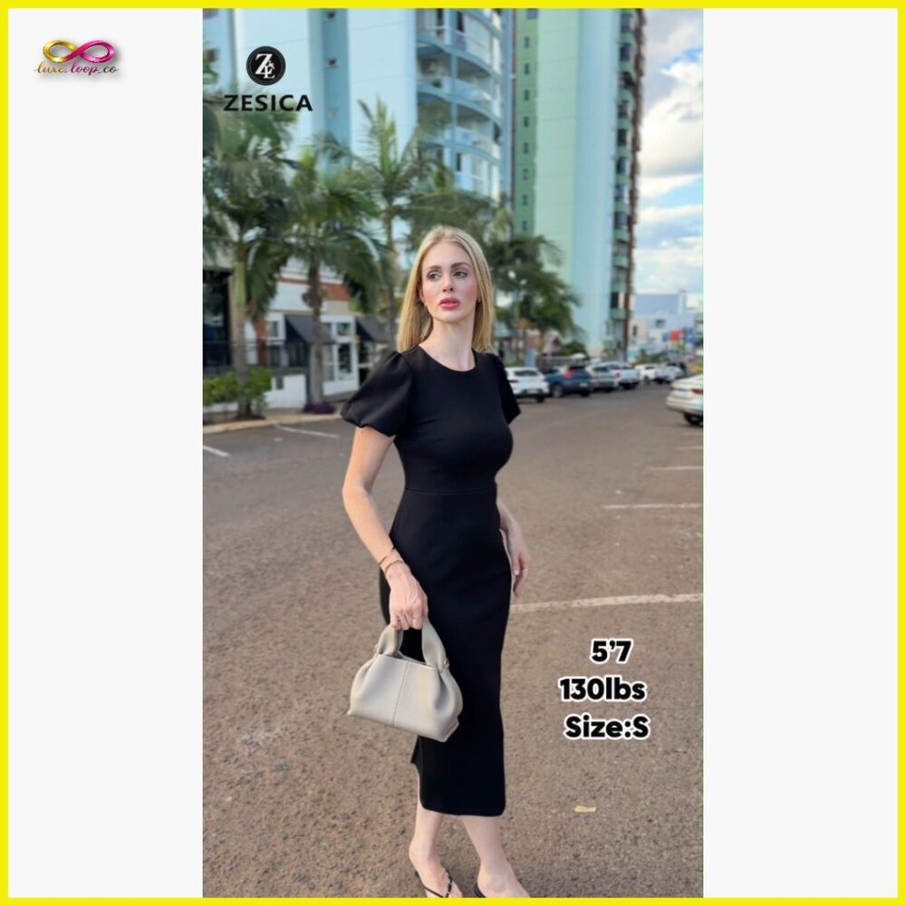 Elegant Bodycon Midi Dress Short Sleeve Formal Wedding Guest Cocktail Party - Picture 7 of 7